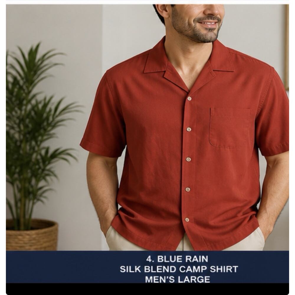 Blue Rain Silk Blend Camp Shirt Mens Large Red Short Sleeve Button Up